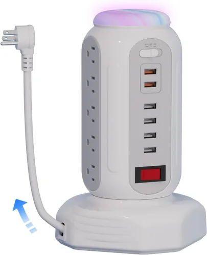 Vista 7 de Torre de tira de alimentación con luz nocturna colorida, 15 tomas de CA y 6 puertos USB de carga rápida, cable de extensión retráctil con múltiples