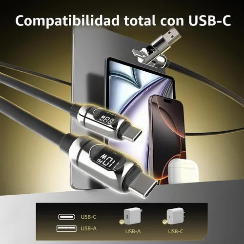 Vista 2 de MFish - Cable USB C a USB C 2 en 1, pantalla de potencia LED, 140 W máximo, 3.93 pies Fast Charging Cord, Dual USB-C Outputs, USB-C/USB-A Input, PD
