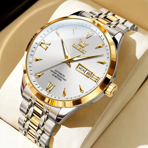 Vista 7 de OLEVS Relojes automáticos para hombre, calendario mecánico, impermeable, de acero inoxidable, luminoso, de cuerda automática, reloj de pulsera