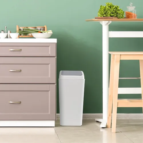 Vista 5 de bote de basura, tapa de plástico, 4 galones/15 litros Material plástico, diseño de tapa giratoria, cubo de basura de plástico, ideal para baño