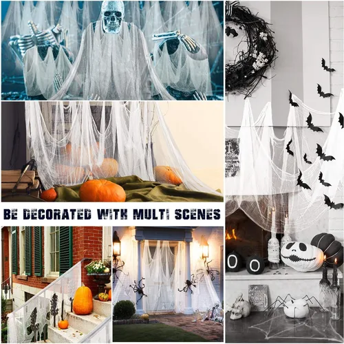 Vista 6 de Whaline Tela espeluznante blanca de Halloween de 197 x 87 pulgadas, ropa de gasa espeluznante, decoración de Halloween para casas embrujadas