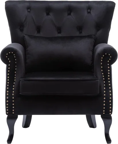 Vista 30 de Juego de 2 sillas decorativas modernas de mediados de siglo, sillón de tela de lino con respaldo acolchado/patas de madera, sillón de descanso