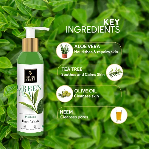 Vista 2 de Good Vibes Green Tea Face Wash Anti acné Limpieza profunda Antioxidantes Rico Limpiador Facial para todo tipo de piel Natural, sin parabenos ni