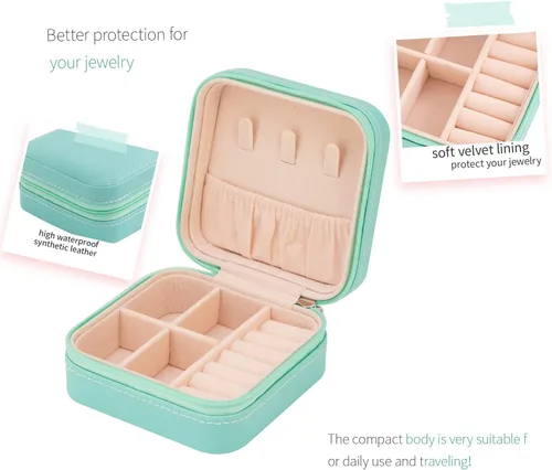 Vista 3 de KElofoN Organizador de joyas de viaje joyero de viaje caja organizadora de joyas pequeña para niñas y mujeres azul