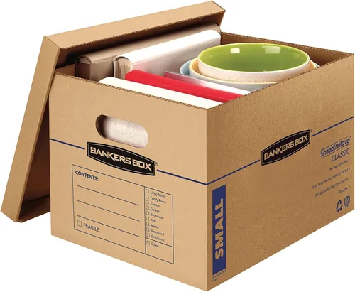 Vista 2 de Bankers Box Caja de mudanza clásica pequeña, paquete de 10 unidades, asas reforzadas, montaje sin cinta, caja de corrugado con tapa, 15 x 12 x 10