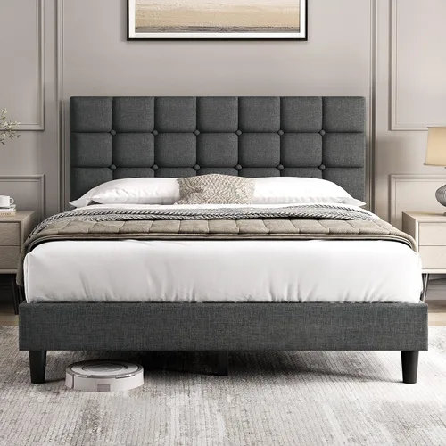 Vista 15 de Yaheetech Base de cama tapizada, moderna plataforma de cama individual con cabecera de costura cuadrada y botones, altura ajustable, soporte