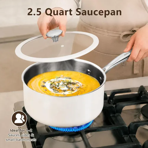 Vista 7 de SAKAMOSH Sartén de acero inoxidable de 2.5 cuartos con tapa, de tres capas