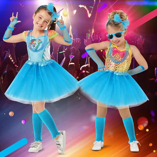 Vista 7 de Traje de niños de los años 80 para niñas, falda tutú, calentadores de piernas, guantes de red, collar, accesorios de disfraz de los años 80, vestido