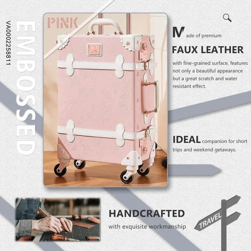 Vista 3 de Unitravel Juego de equipaje vintage de 3 piezas para mujer con cerradura TSA, Rosa en relieve.