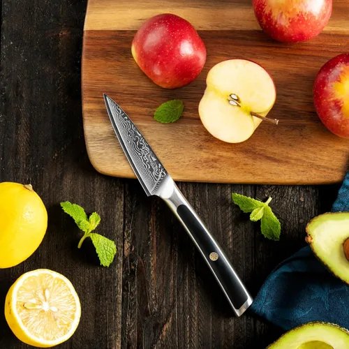 Vista 4 de Sunnecko Cuchillo de pelar de 3.5 pulgadas, cuchillo para frutas con hoja de acero damasquino VG-10 de 67 capas, cuchillo pequeño para pelar