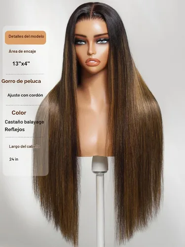 Vista 4 de UNICE - Peluca de encaje frontal de 13 x 4 con reflejos balayage marrón, de cabello humano Yaki liso, todo incluido, sin pegamento, con cordón