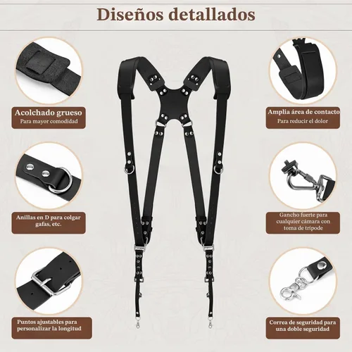 Vista 4 de Jumyee Double Camera Strap for 2 Cameras, Adjustable Dual Camera Harness Shoulder Leather Camera Strap for DSLR/SLR Negro