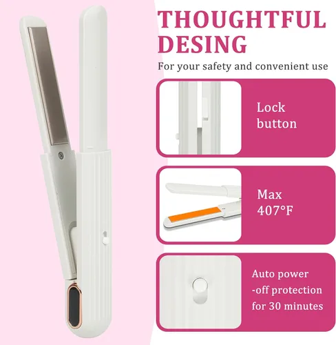 Vista 5 de Plancha alisadora Plancha de pelo recargable, apagado automático de 30 minutos, mini plancha portátil compacta (blanca). Este modelo requiere un