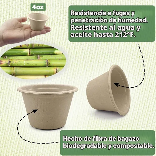 Vista 4 de CAMKYDE Vasos de Soufflé Desechables de Fibra de Bagazo de 2 oz, Paquete de 100, Vasos para Condimentos 100% Naturales Biodegradables Compostables