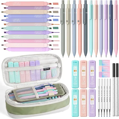 Vista 8 de Nicpro Juego de 50 artículos escolares con estuche para lápices, 6 bolígrafos de gel y recargas, 12 resaltadores, 6 lápices mecánicos artísticos, 12