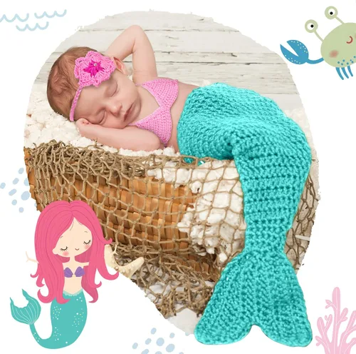 Vista 5 de Janmercy Trajes de fotografía para niña recién nacida, accesorios para fotos de bebé, traje de ganchillo hecho a mano, lindo disfraz de foto (sirena)