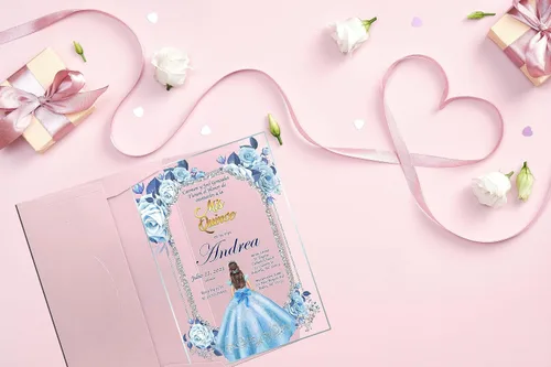 Vista 4 de Avior Invitación de Quinceañera Vestido Azul Bebé Invitación de Vidrio Acrílico, Mis Membrillo, Dulce 15, Dulce 16, Diseño Floral, XV Años, 15 años