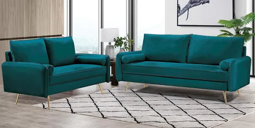 Vista 5 de Container Furniture Direct Juego de sofá de terciopelo inspirado en Chesterfield de 2 piezas con patas oblicuas de metal dorado, azul verdoso