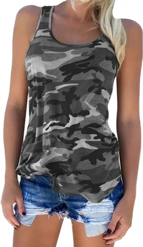 Vista 8 de Lindas camisetas deportivas sin mangas de camuflaje para correr, para entrenamiento, gimnasio, espalda cruzada, para mujer Camo Verde
