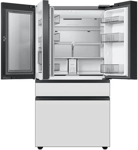 Vista 8 de Samsung Refrigerador de puerta francesa de 4 puertas a medida de 29 pies cúbicos con centro de bebidas, panel superior de vidrio azul matutino