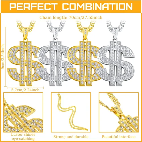 Vista 2 de Collar de cadena chapada en 4 piezas para hombre con colgante de signo de dólar, collar de dólar