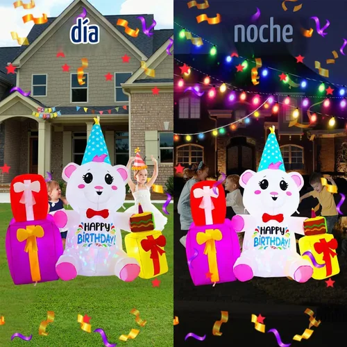 Vista 3 de Caja de regalo de cumpleaños inflable de 6 pies con oso, luces LED incorporadas y luces giratorias de colores, decoración inflable de feliz
