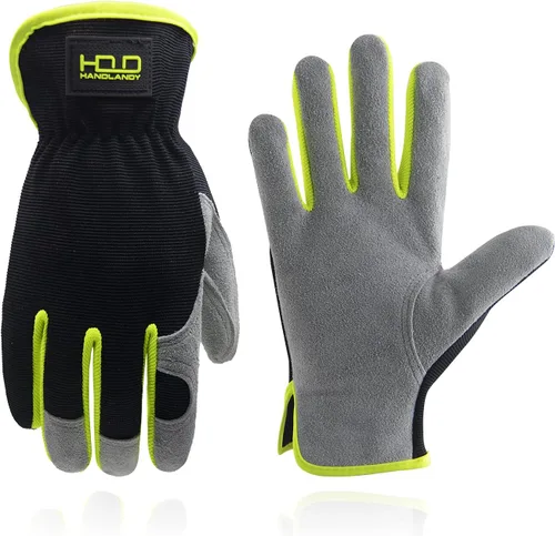 Vista 14 de HANDLANDY Guantes de jardinería de cuero para hombre, guantes de trabajo utilitarios para mecánicos, construcción, conductor