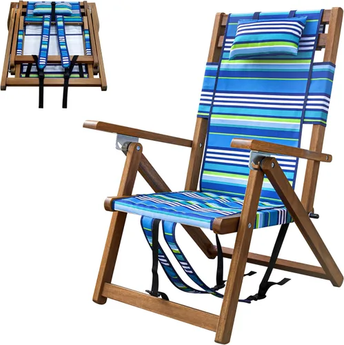 Vista 7 de Melino Silla plegable de madera para exteriores, 3 posiciones, reclinable, con almohada, bolsa con cremallera, correa de transporte, marco de madera