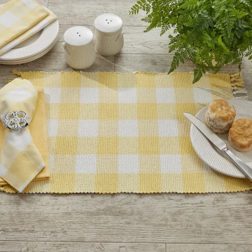 Vista 2 de Park Designs Juego de 4 manteles individuales de lana de búfalo amarillo Yarn Bold Buffalo Print Yellow & Cream Classic Farmhouse Table