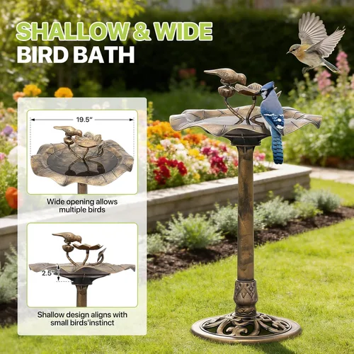 Vista 5 de Magshion Bañera y comedero para pájaros de 35 pulgadas para exteriores, bañera de pájaros con pedestal con diseño de loto vintage, construcción