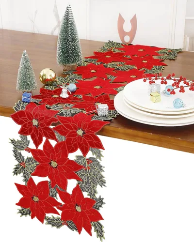 Vista 11 de GRANDDECO Camino de Mesa Navideño para Fiestas Campestres Bufandas de Tocador Bordadas con Flores de Nochebuena Navideñas Xmas para Casa Cocina Mesa