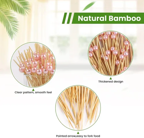 Vista 3 de 100 palillos de cóctel, palillos de dientes elegantes para aperitivos hechos a mano de bambú, palitos de perlas rosadas, palillos de alimentos
