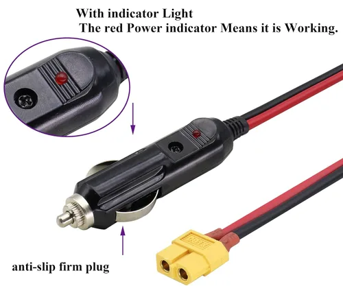 Vista 4 de Paquete de 2 cables 16AWG XT60 a encendedor de cigarrillos, enchufe macho de 12 V a XT60 hembra, cable de extensión compatible con cable de carga