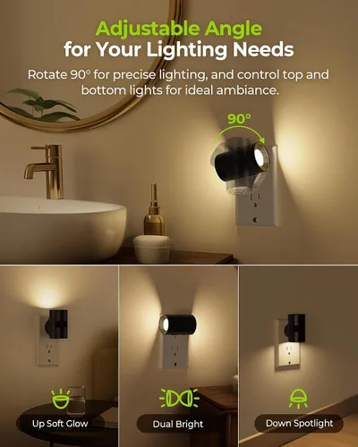 Vista 2 de AUVON Luz nocturna LED enchufable, luz nocturna moderna con sensor de movimiento con diseño giratorio de 90° y sensor de atardecer a amanecer, luces