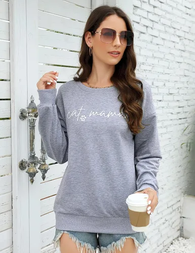 Vista 3 de Sudaderas con diseño de mamá de gato para mujer, camiseta de manga larga divertida con estampado de letras de mamá