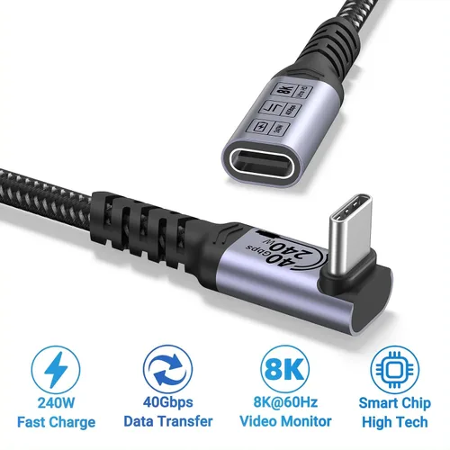 Vista 2 de Cable de extensión USB 4.0 USB-C macho a hembra en ángulo recto de Carga rápida de 240 W 5 A, transferencia de datos de alta velocidad de 40 Gbps