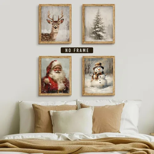 Vista 5 de LKETW Póster vintage de impresiones navideñas de invierno sin marco, juego de 4 unidades de 8x10 pulgadas, decoración de pared rústica de Papá Noel