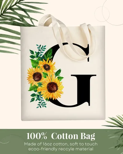Vista 5 de AUSVKAI - Bolsa de lona estética para mujer, linda inicial de girasol con monograma de moda personalizada para el cumpleaños, bolsas de tela