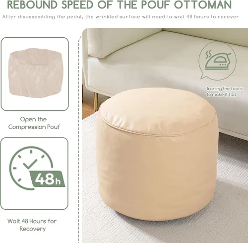 Vista 6 de HIGOGOGO Puf redondo de relleno otomano, pufs de piel sintética con relleno de trozos de espuma, puf peludo y esponjoso, otomano de almacenamiento