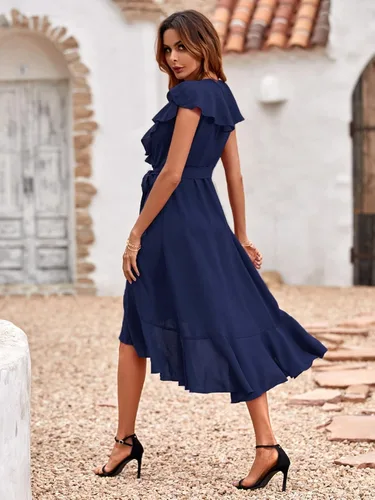 Vista 2 de Floerns Vestido midi cruzado con cuello en V profundo y manga mariposa para mujer