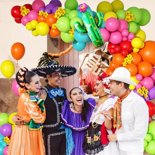 Vista 6 de Kit de guirnalda de globos de fiesta mexicana de 176 piezas con globos de aluminio amarillo, rosa intenso, verde lima, verde, naranja, morado, verde