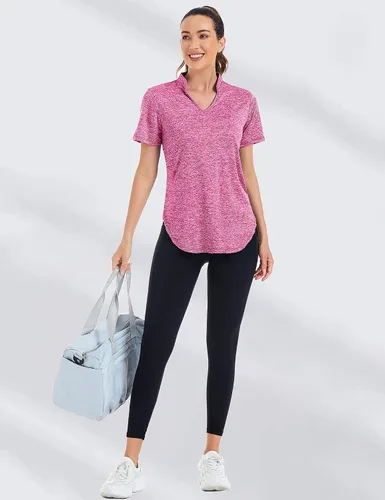 Vista 2 de Stiehiok Camisetas de gimnasio de manga corta para mujer, camisetas de entrenamiento de secado rápido, camisetas atléticas de yoga y golf