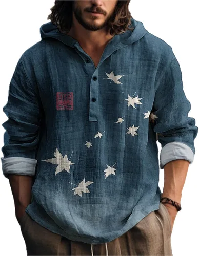 Vista 11 de MARSVOVO Camisa con capucha para hombre, vintage, retro, de 3 botones, manga larga, ligera, ligera, a la moda, casual, para uso diario, primavera