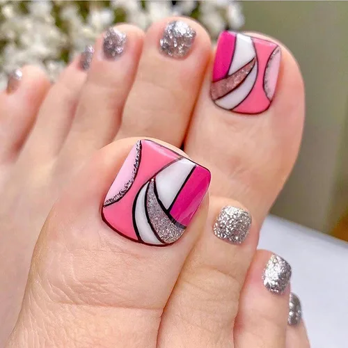 Vista 52 de Uñas postizas acrílicas artificiales negras para los dedos de los pies, ataúd a presión con diseños de flores blancas, uñas postizas reutilizables