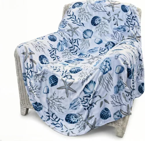 Vista 8 de Manta Decorativa para Decoración del Hogar Vida Oceánica Costera: Suave Felpa de Terciopelo Polar Tonos Calmantes de Azules, Verdes, Beige sobre
