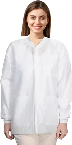 Vista 57 de Paquete de 10 chaquetas desechables de laboratorio, chaqueta médica reutilizable hasta la cadera, unisex, con puños de punto y bolsillos