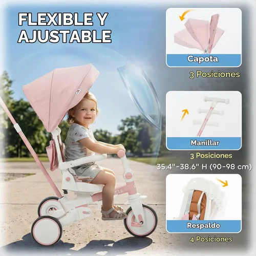 Vista 12 de Qaba 7 en 1 triciclo cochecito plegable bicicleta para niños pequeños 1-5 Rosa