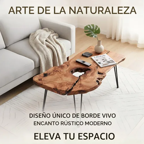 Vista 3 de Mesa de centro única de madera natural, hecha a mano, madera