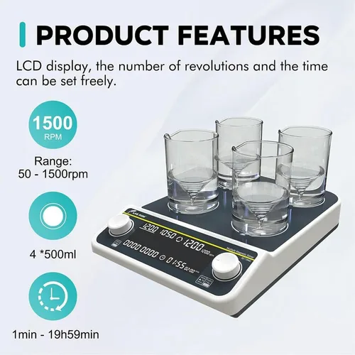 Vista 4 de Multi-Position Magnetic Stirrer,4 Stirring Points,2000 Ml Magnetic Stirrer,50-1500Rpm Adjustable Speed,Led LCD Display, Suitable for Schools and