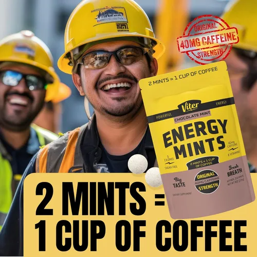 Vista 6 de Viter Energy Mentas de cafeína de 40 mg, sin azúcar, vitaminas B, veganas, aumenta el enfoque de alerta energizado rápido, píldoras de suplemento